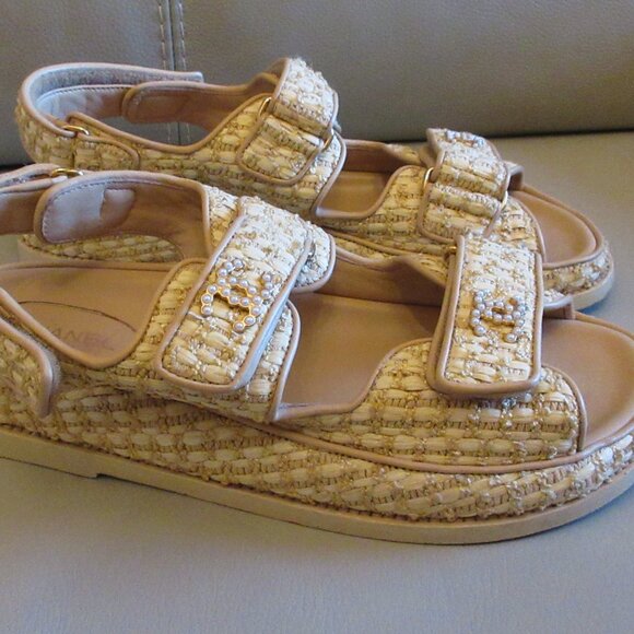 Chanel Tweed/Straw/Rattan Dad Sandals - Picture 6 of 11